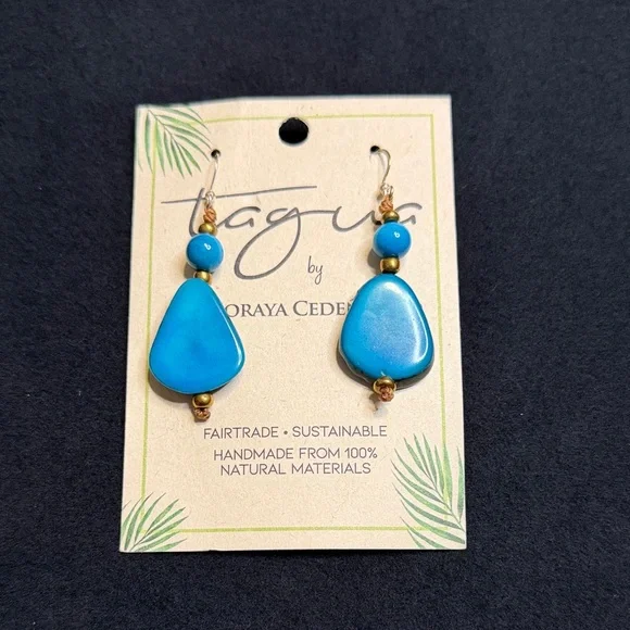 Tagua Blue Teardrop Drop Earrings - Turquoise Tone - Picture 3 of 3